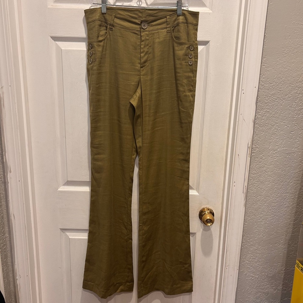 Cabi Linen Blend Charlie Trousers Olive Green‎ Flare Leg Womens Pants Size 10